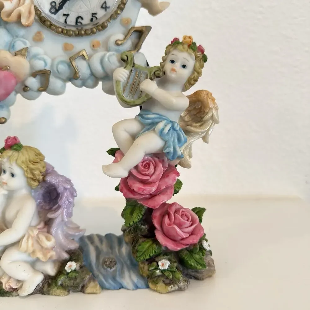 Vintage Large Cherub Angel Pendulum Quartz Clock Roses Heart 12” Decor WORKING
